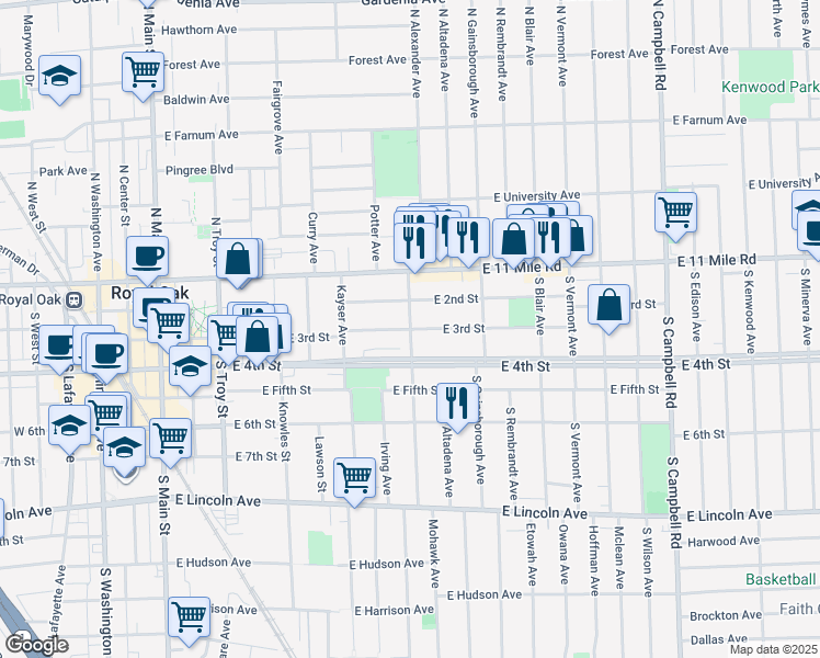 map of restaurants, bars, coffee shops, grocery stores, and more near East 3rd Street in Royal Oak