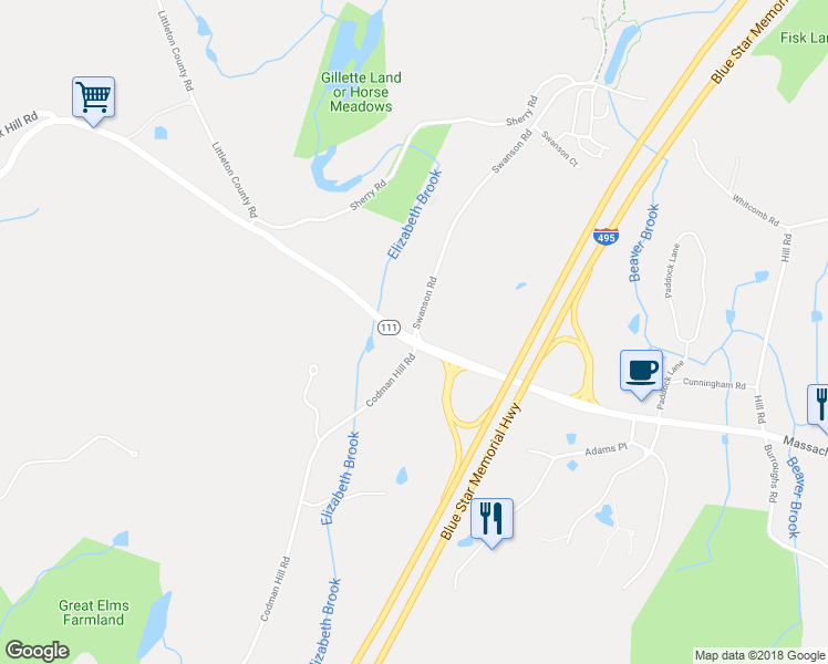 map of restaurants, bars, coffee shops, grocery stores, and more near 56 Swanson Road in Boxborough