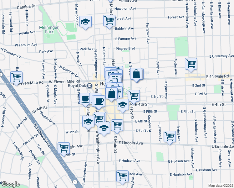 map of restaurants, bars, coffee shops, grocery stores, and more near 129 South Main Street in Royal Oak