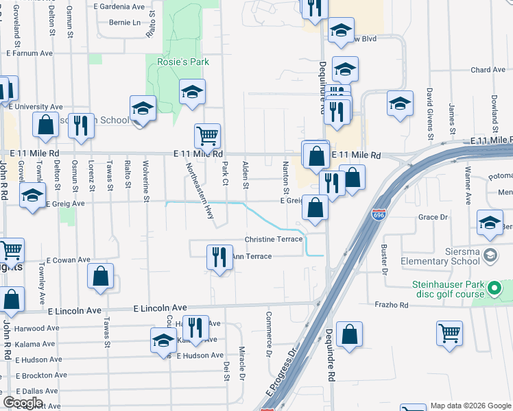 map of restaurants, bars, coffee shops, grocery stores, and more near 1524 East Greig Avenue in Madison Heights