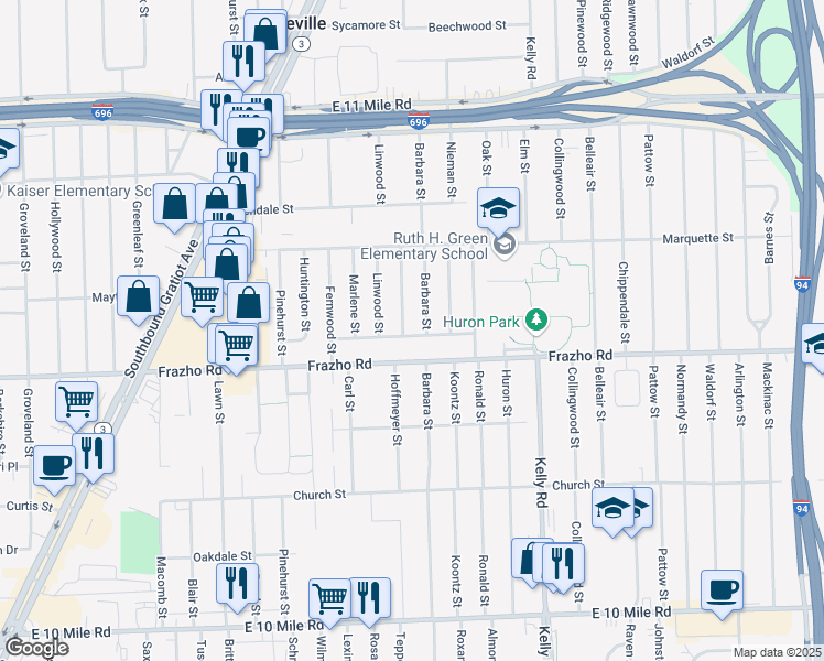 map of restaurants, bars, coffee shops, grocery stores, and more near 18331 Buckhannon Street in Roseville