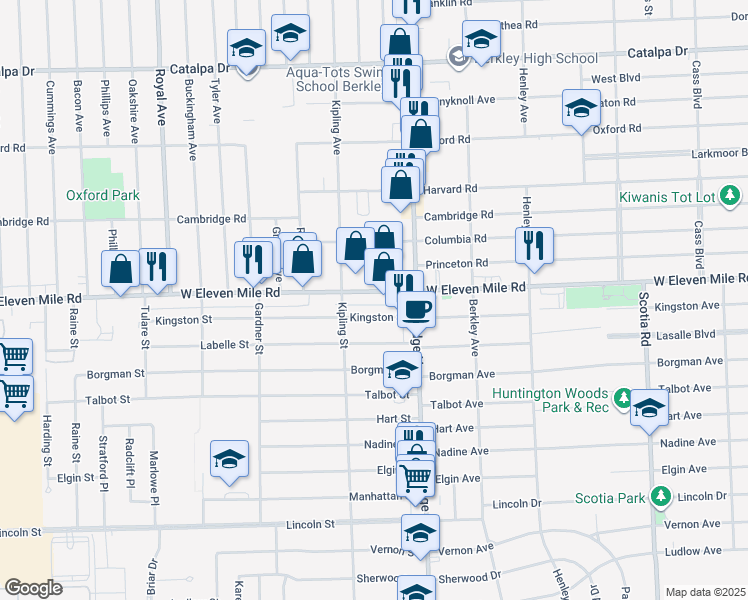map of restaurants, bars, coffee shops, grocery stores, and more near 13691 West Eleven Mile Road in Oak Park