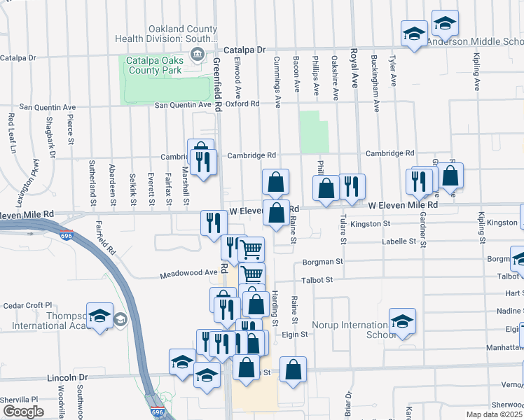 map of restaurants, bars, coffee shops, grocery stores, and more near 4000 West Eleven Mile Road in Berkley