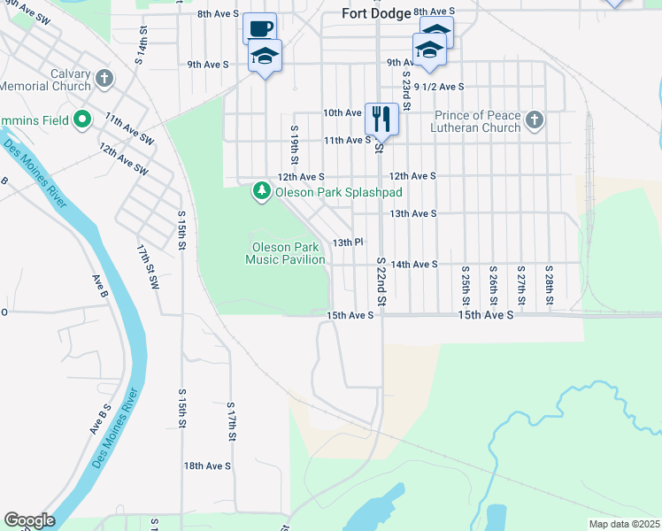 map of restaurants, bars, coffee shops, grocery stores, and more near 1400 Oleson Park Avenue in Fort Dodge