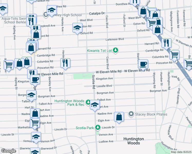 map of restaurants, bars, coffee shops, grocery stores, and more near 10867 West Eleven Mile Road in Huntington Woods