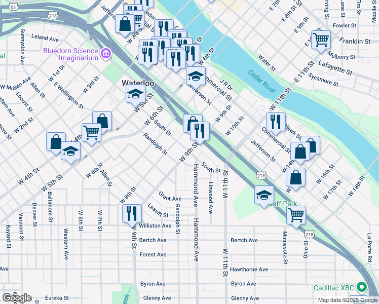 map of restaurants, bars, coffee shops, grocery stores, and more near 1027 Columbia Street in Waterloo