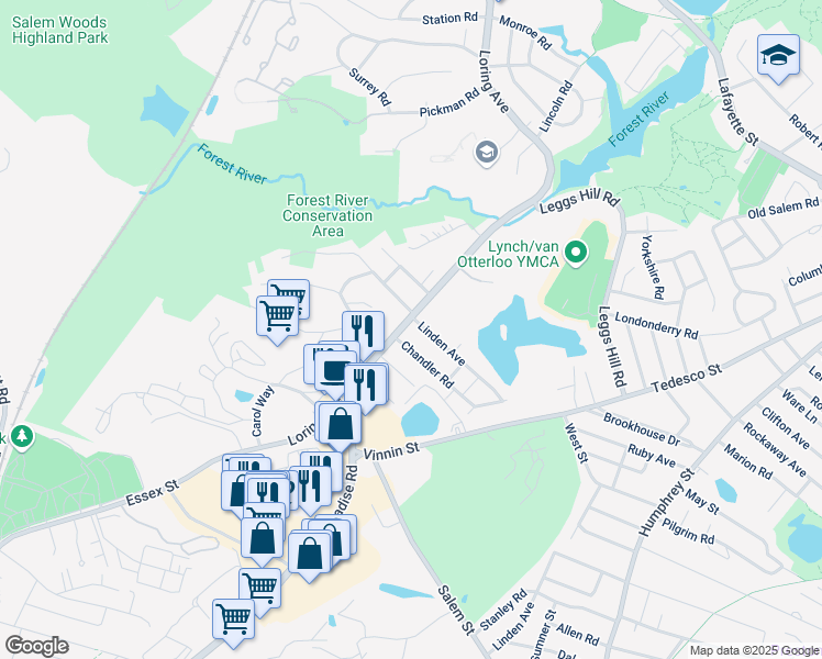 map of restaurants, bars, coffee shops, grocery stores, and more near 455 Loring Avenue in Salem
