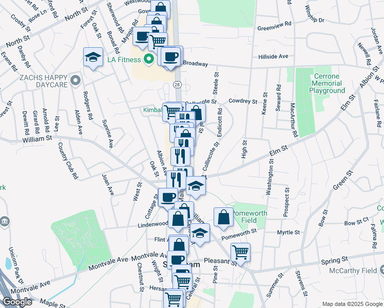 map of restaurants, bars, coffee shops, grocery stores, and more near 196 Main Street in Stoneham
