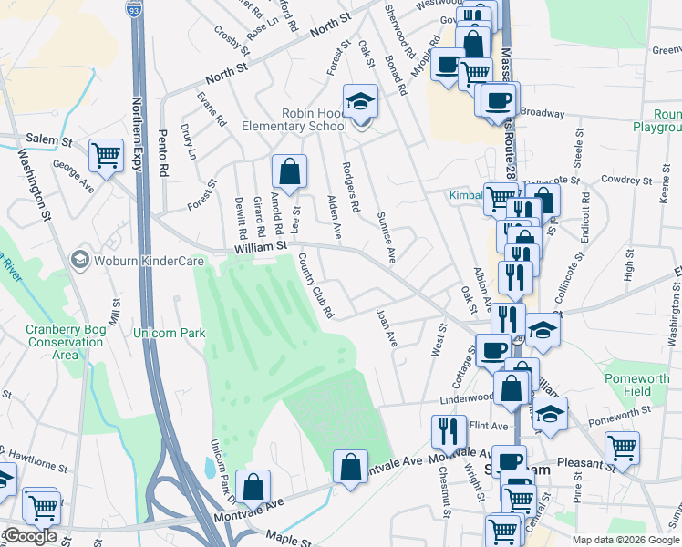 map of restaurants, bars, coffee shops, grocery stores, and more near 372 William Street in Stoneham