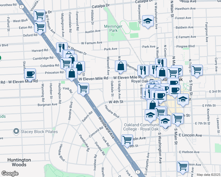 map of restaurants, bars, coffee shops, grocery stores, and more near 121 Oak Street in Royal Oak