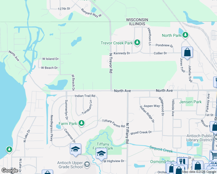 map of restaurants, bars, coffee shops, grocery stores, and more near 24520 North Avenue in Antioch