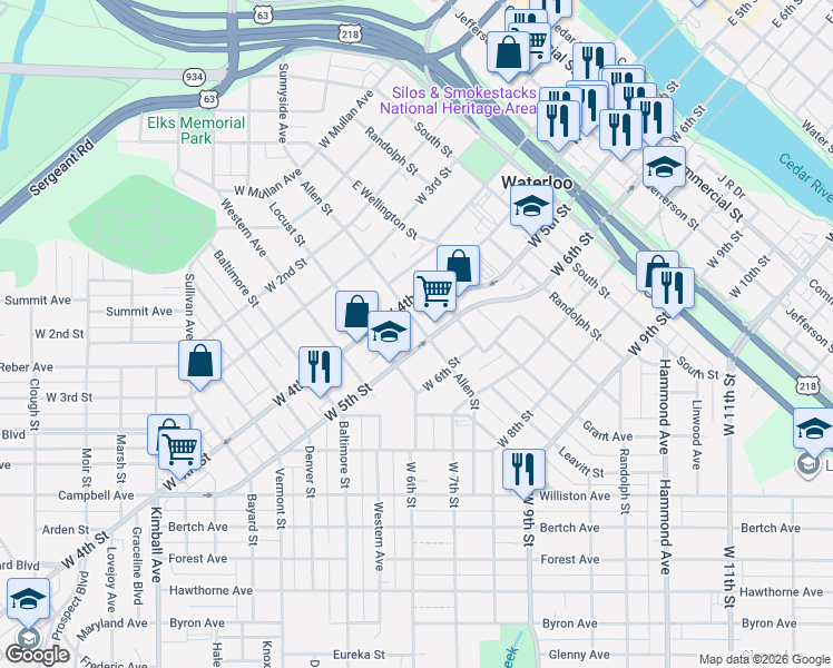 map of restaurants, bars, coffee shops, grocery stores, and more near 610 Allen Street in Waterloo