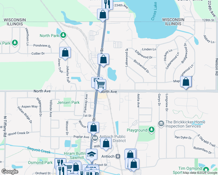 map of restaurants, bars, coffee shops, grocery stores, and more near 43118 Illinois 83 in Antioch