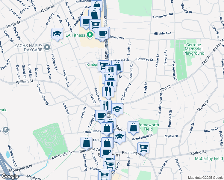 map of restaurants, bars, coffee shops, grocery stores, and more near 196 Main Street in Stoneham