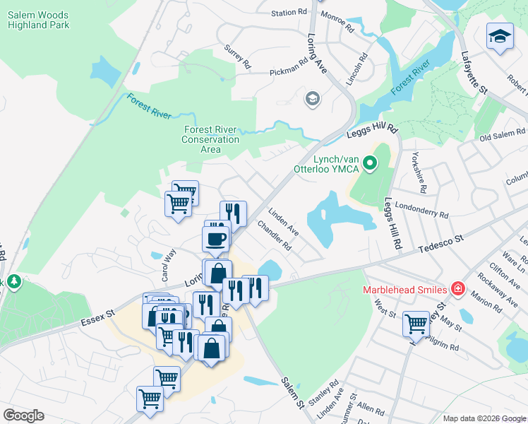 map of restaurants, bars, coffee shops, grocery stores, and more near 455 Loring Avenue in Salem