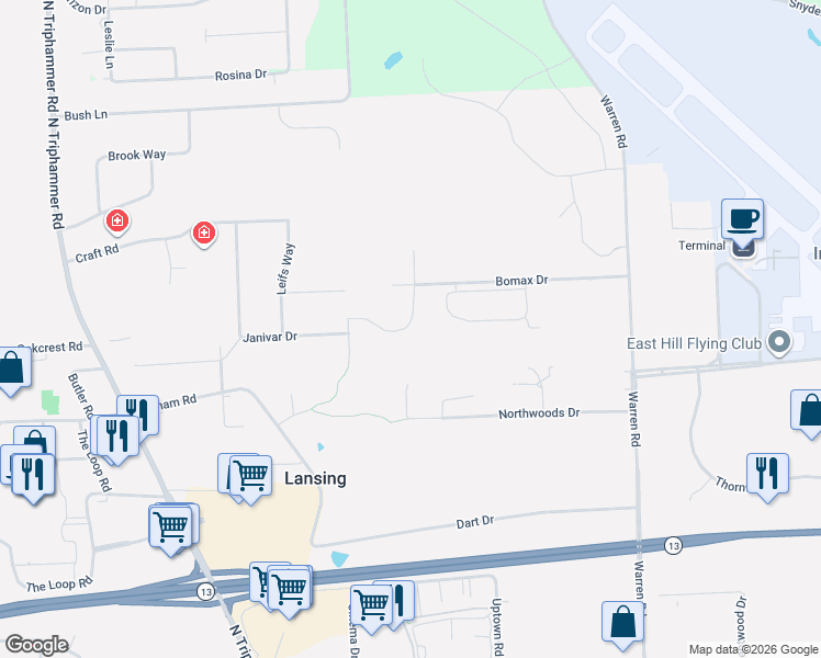 map of restaurants, bars, coffee shops, grocery stores, and more near 55 Nor Way in Ithaca