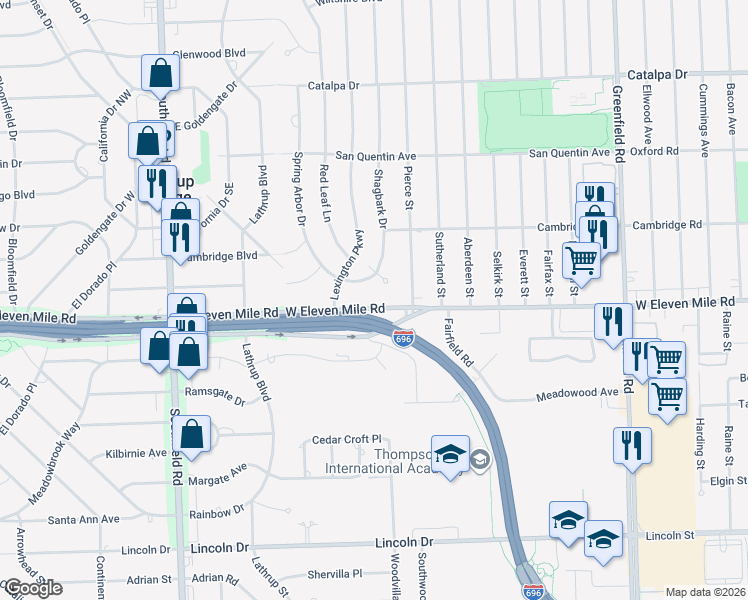 map of restaurants, bars, coffee shops, grocery stores, and more near 27180 Johnny Cake Lane in Southfield