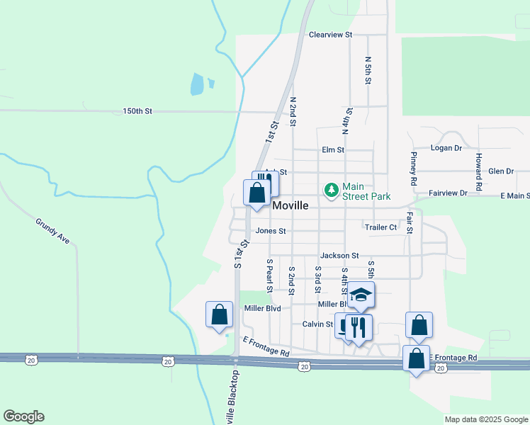 map of restaurants, bars, coffee shops, grocery stores, and more near 132 Main Street in Moville