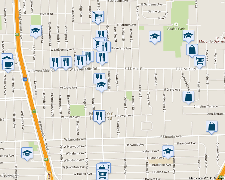 map of restaurants, bars, coffee shops, grocery stores, and more near 26604 Groveland Street in Madison Heights