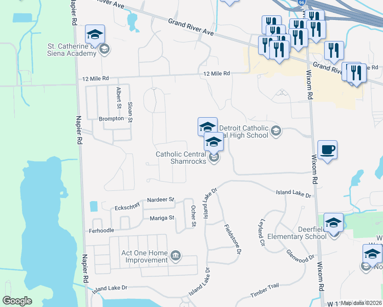 map of restaurants, bars, coffee shops, grocery stores, and more near 50888 Sevilla Circle in Novi