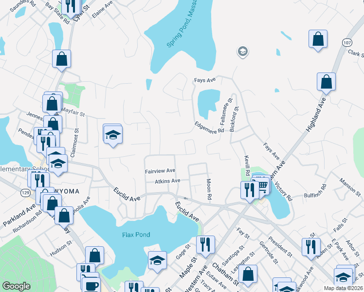 map of restaurants, bars, coffee shops, grocery stores, and more near 117 Maplewood Road in Lynn