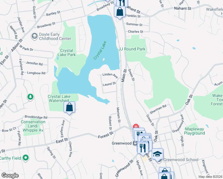 map of restaurants, bars, coffee shops, grocery stores, and more near 18 Laurel Street in Wakefield