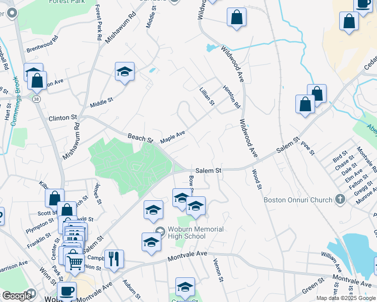 map of restaurants, bars, coffee shops, grocery stores, and more near 7 Laura Road in Woburn
