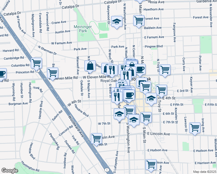map of restaurants, bars, coffee shops, grocery stores, and more near 200 South West Street in Royal Oak