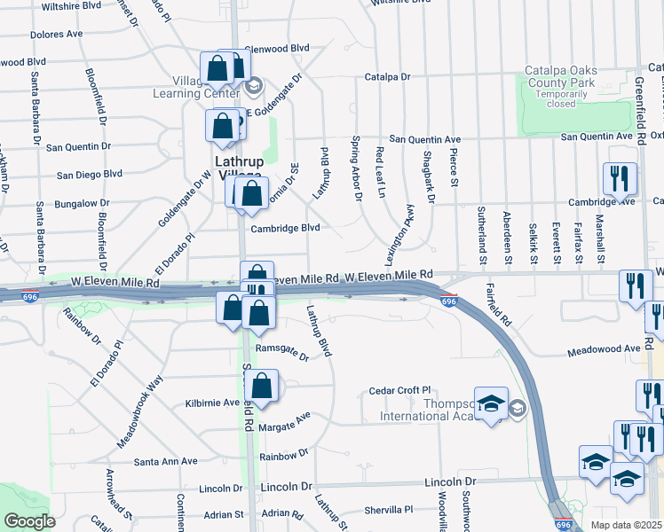 map of restaurants, bars, coffee shops, grocery stores, and more near 17330 Sunnybrook Drive in Southfield