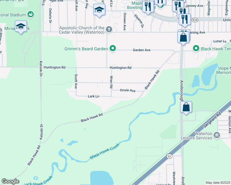 map of restaurants, bars, coffee shops, grocery stores, and more near 1652 Oriole Avenue in Waterloo
