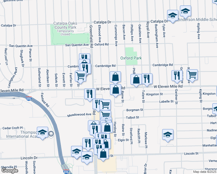 map of restaurants, bars, coffee shops, grocery stores, and more near 4000 West Eleven Mile Road in Berkley