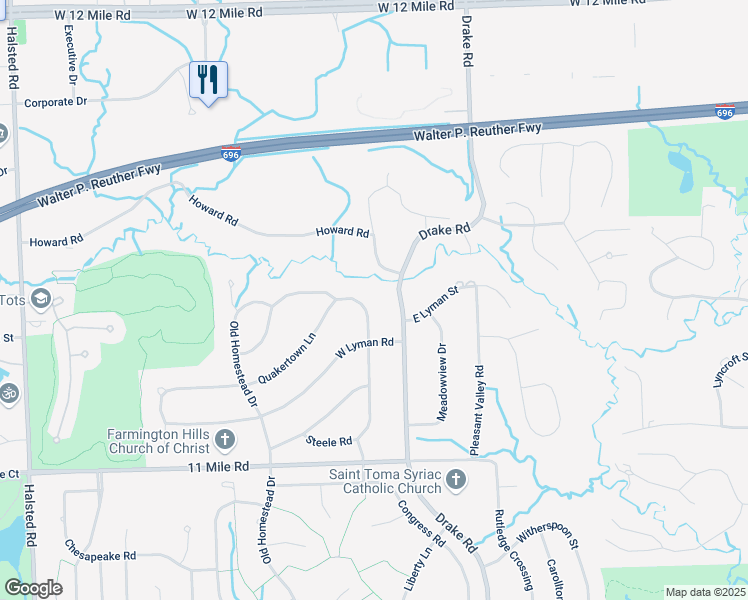 map of restaurants, bars, coffee shops, grocery stores, and more near 35956 Quakertown Lane in Farmington Hills