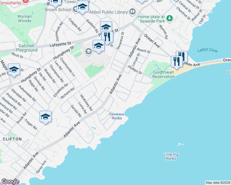map of restaurants, bars, coffee shops, grocery stores, and more near 24 Buchanan Road in Marblehead
