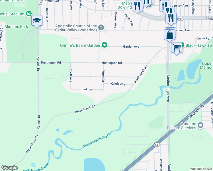 map of restaurants, bars, coffee shops, grocery stores, and more near 1652 Oriole Avenue in Waterloo