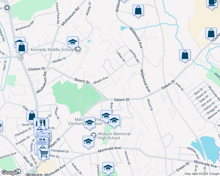 map of restaurants, bars, coffee shops, grocery stores, and more near 7 Laura Road in Woburn