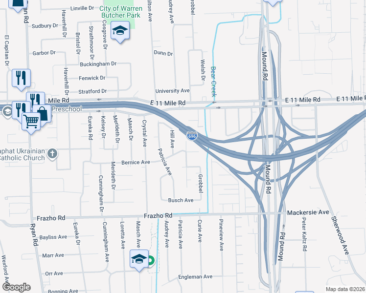 map of restaurants, bars, coffee shops, grocery stores, and more near 26649 Curie Avenue in Warren