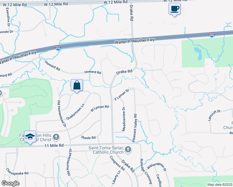 map of restaurants, bars, coffee shops, grocery stores, and more near 26490 Drake Road in Farmington Hills