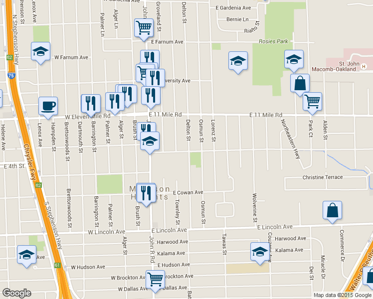 map of restaurants, bars, coffee shops, grocery stores, and more near 26607 Delton Street in Madison Heights