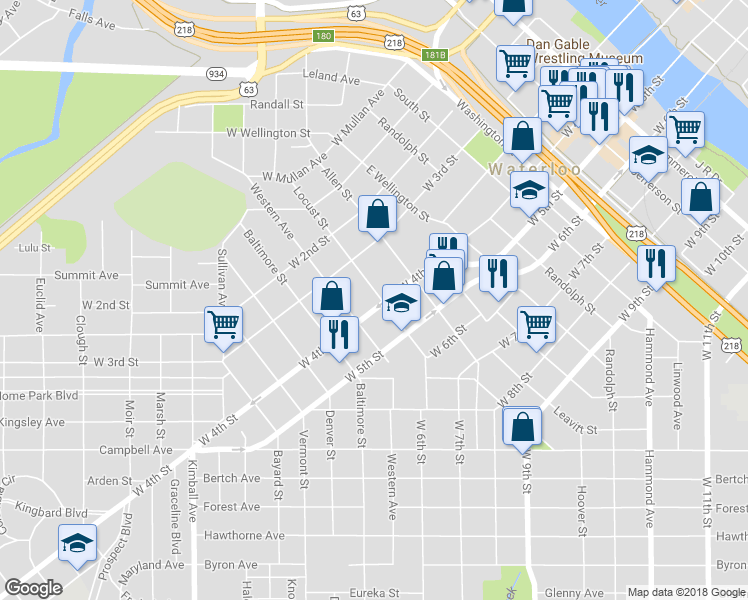 map of restaurants, bars, coffee shops, grocery stores, and more near 1002 West 4th Street in Waterloo
