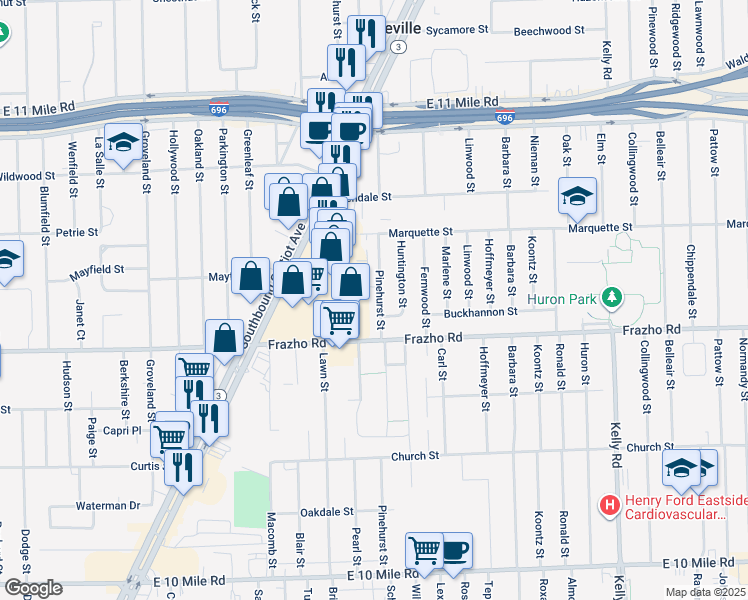 map of restaurants, bars, coffee shops, grocery stores, and more near 26191 Pinehurst Street in Roseville