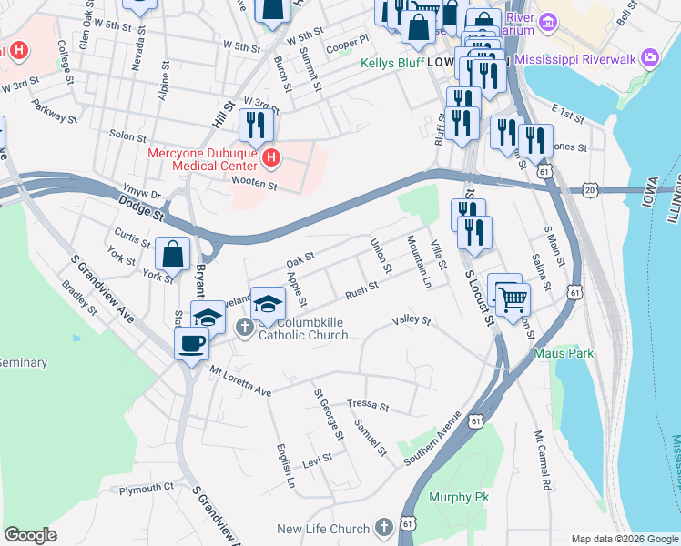 map of restaurants, bars, coffee shops, grocery stores, and more near 844 Cleveland Avenue in Dubuque
