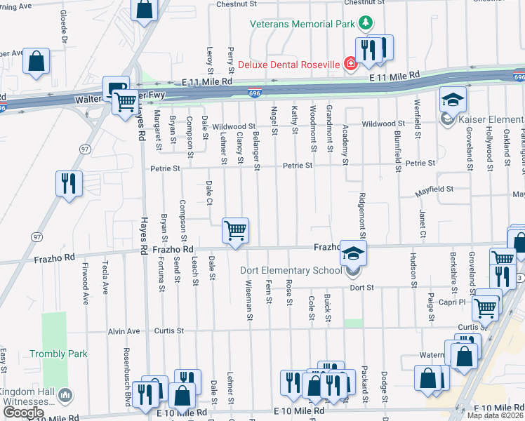 map of restaurants, bars, coffee shops, grocery stores, and more near 26220 Belanger Street in Roseville
