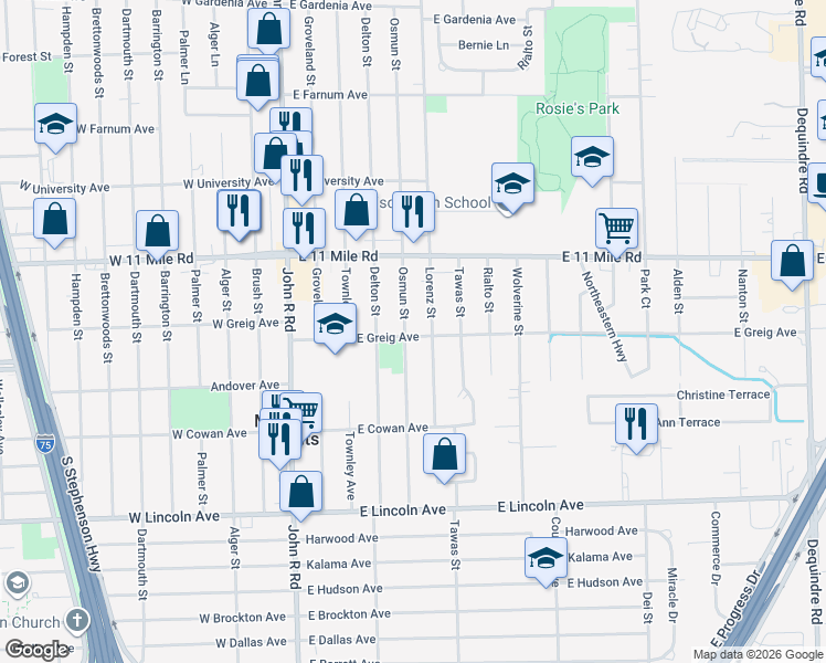 map of restaurants, bars, coffee shops, grocery stores, and more near 26625 Lorenz Street in Madison Heights