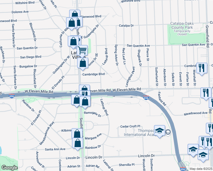 map of restaurants, bars, coffee shops, grocery stores, and more near 17440 West Eleven Mile Road in Lathrup Village