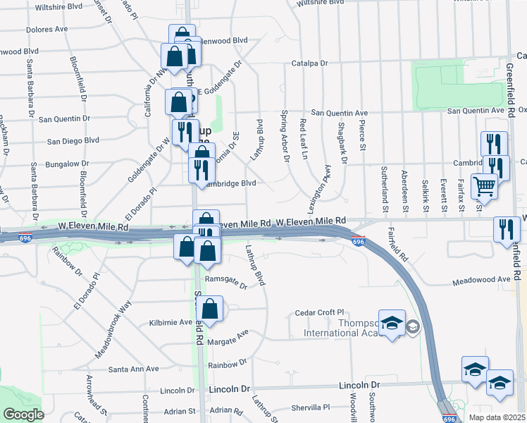 map of restaurants, bars, coffee shops, grocery stores, and more near 17440 West Eleven Mile Road in Lathrup Village