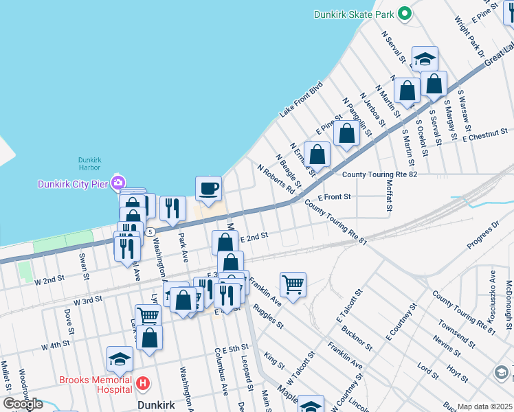 map of restaurants, bars, coffee shops, grocery stores, and more near 144 Lake Shore Drive East in Dunkirk