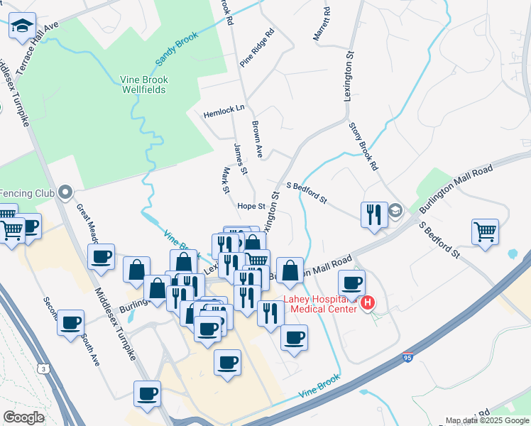 map of restaurants, bars, coffee shops, grocery stores, and more near 3 Hope Street in Burlington