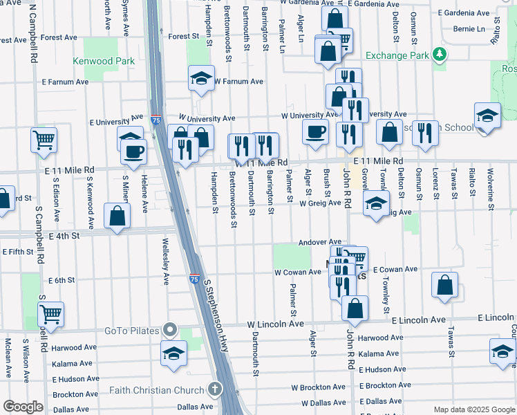 map of restaurants, bars, coffee shops, grocery stores, and more near 26708 Dartmouth Street in Madison Heights