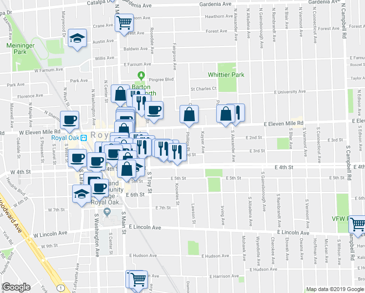map of restaurants, bars, coffee shops, grocery stores, and more near 202 Phillips Place in Royal Oak