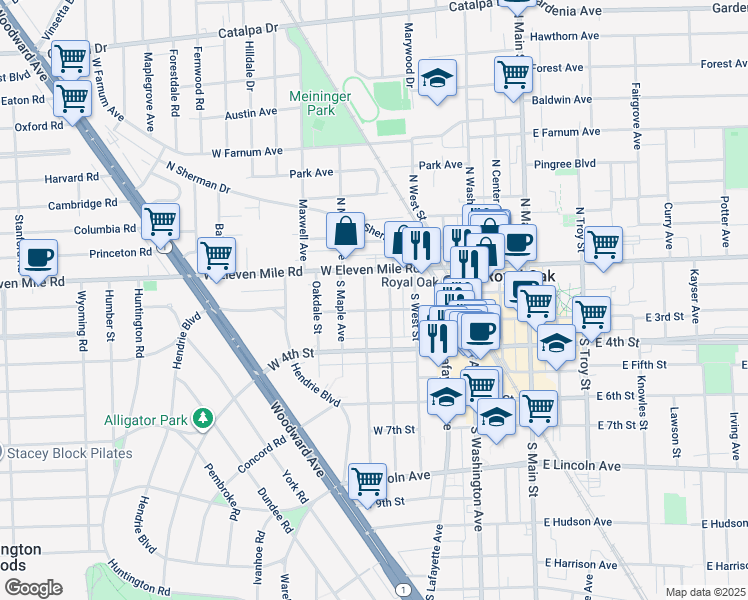 map of restaurants, bars, coffee shops, grocery stores, and more near 119 South Pleasant Street in Royal Oak